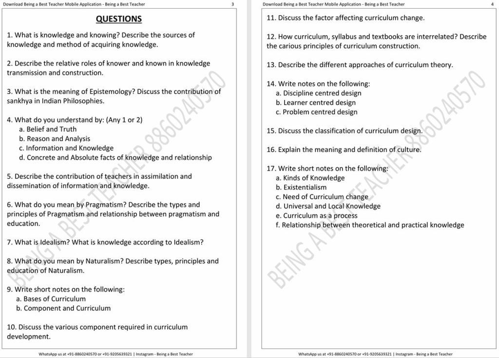 Knowledge and Curriculum Important Questions with Answers PDF (English Medium)
