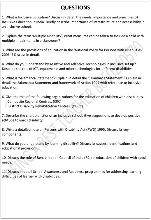 CBLU Creating an Inclusive School Important Questions with Answers PDF (English Medium)
