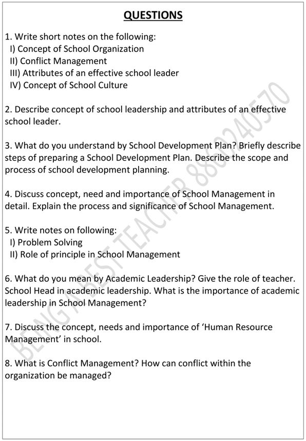 CBLU School Leadership and Management Important Questions with Answers PDF (English Medium)