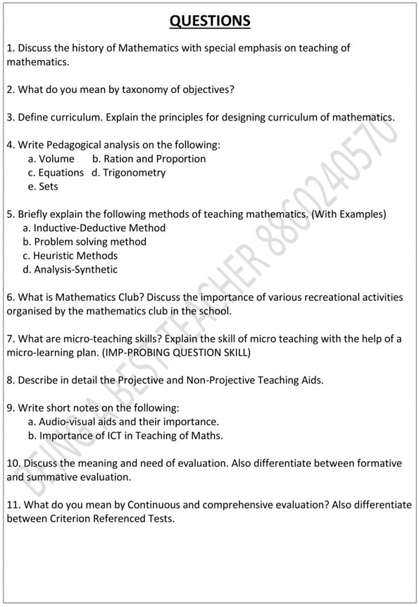 CBLU Pedagogy of Mathematics Important Questions with Answers PDF (English Medium)