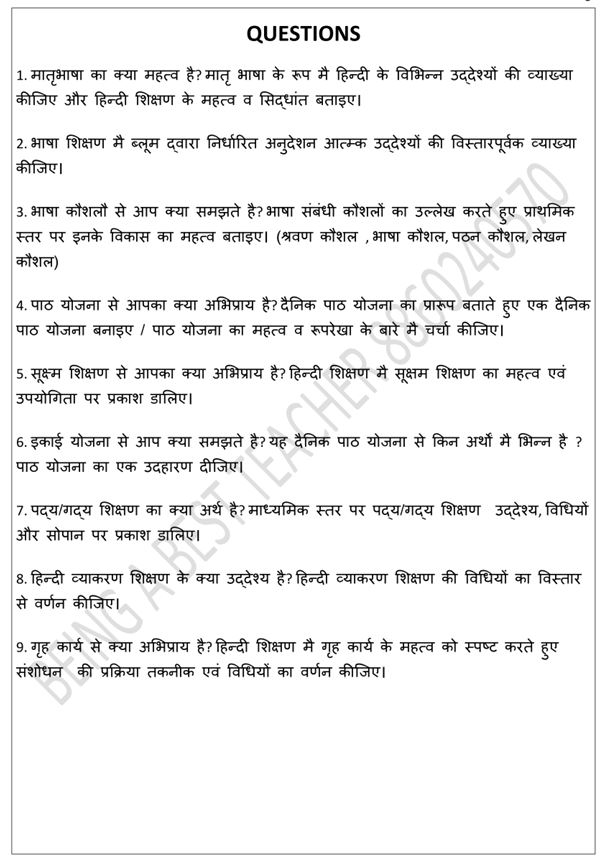 CBLU Pedagogy of Hindi Important Questions with Answers PDF