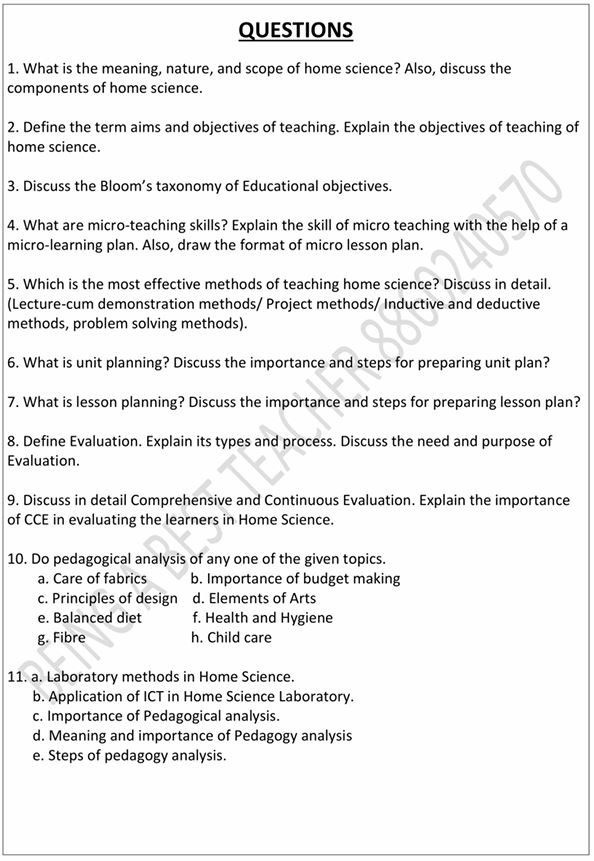 CBLU Pedagogy of Home Science Important Questions with Answers PDF (English Medium)