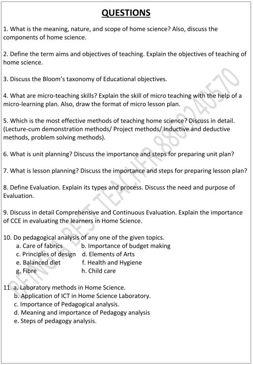 Pedagogy of Home Science Important Questions with Answers PDF (English Medium)