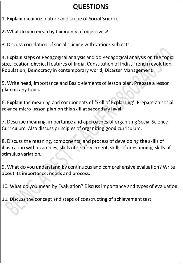 Pedagogy of Social Science Important Questions with Answers PDF (English Medium)