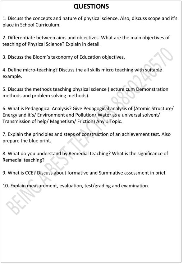 Pedagogy of Physical Science Important Questions with Answers PDF (English Medium)