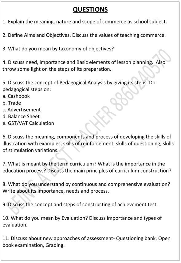 Pedagogy of Commerce Important Questions with Answers PDF (English Medium)