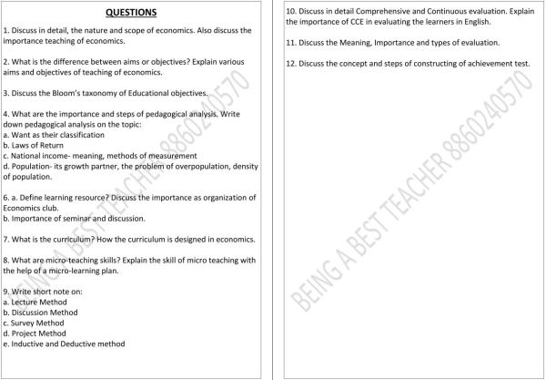 Pedagogy of Economics Important Questions with Answers PDF (English Medium)